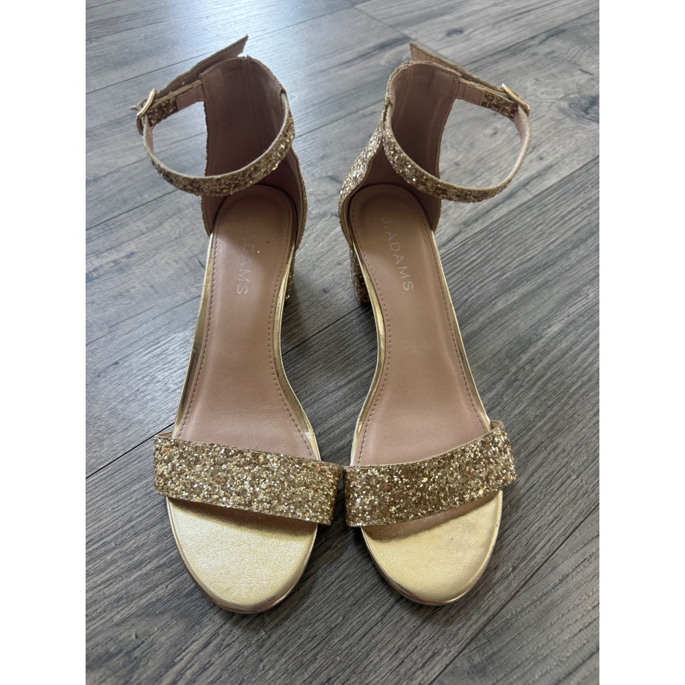 J. Adams Heels Women's 8 Daisy Gold Glitter Block Heel Ankle Strap Sandals Shoes